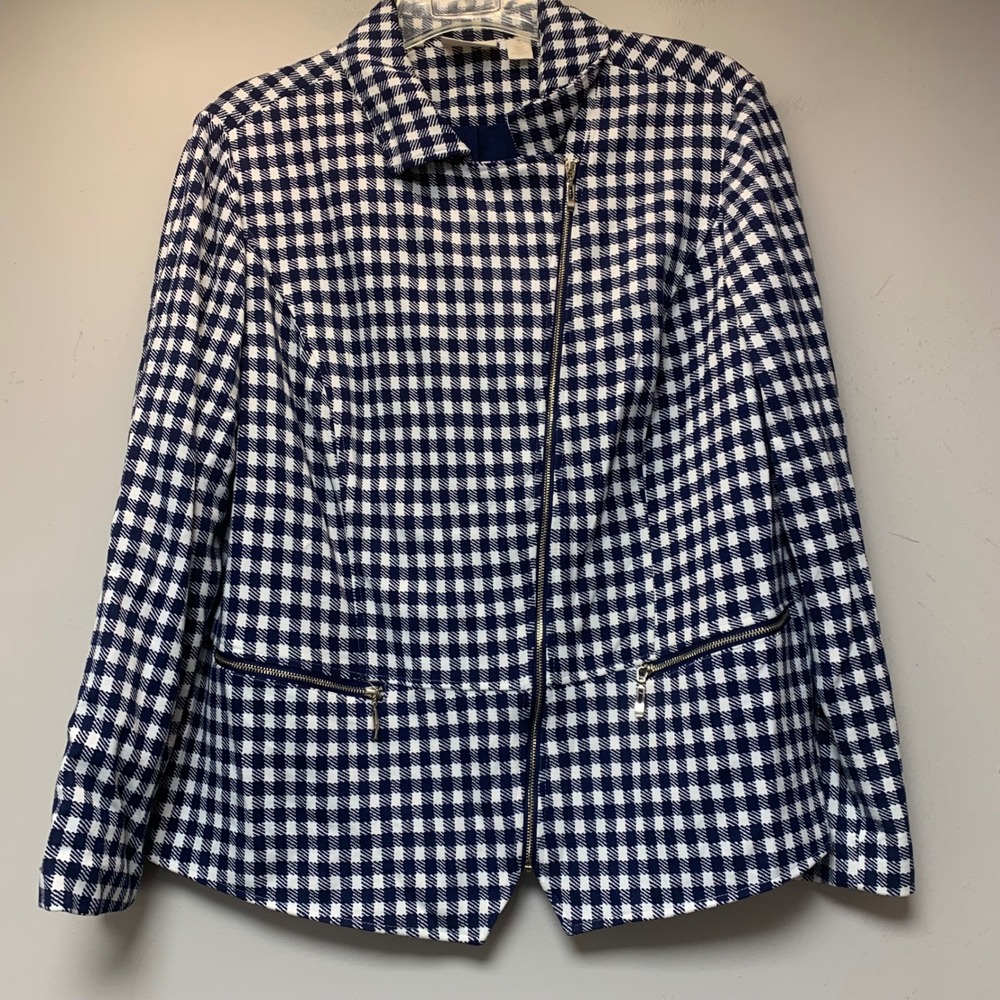 Chico's Blazer Women 3 Navy Blue White Excellent Gingham Asymmetrical Zip Jacket